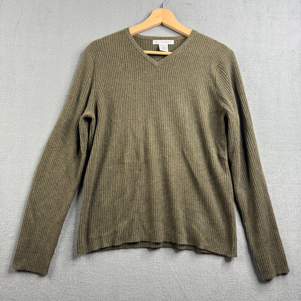 Marconi Mens Medium 100% Cashmere Ribbed V-Neck Sweater‎ Olive Green Brown Knit
